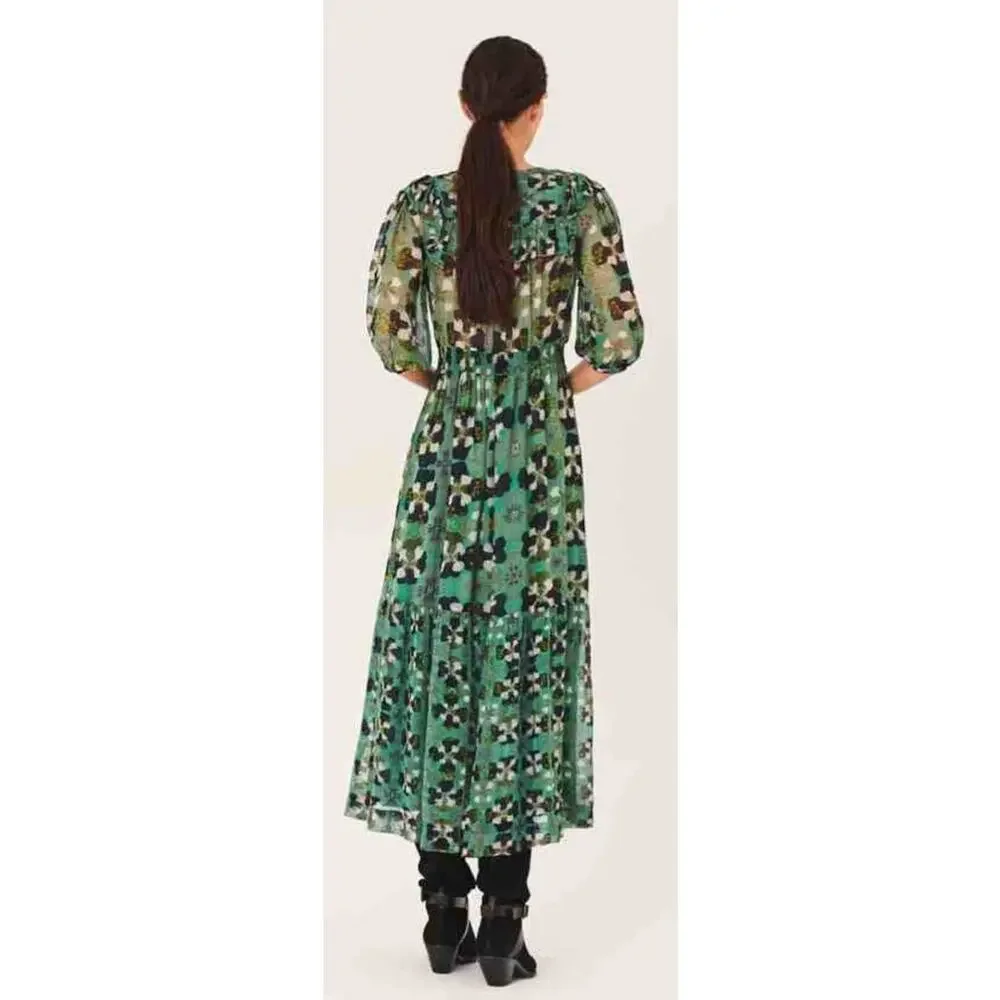 BA&SH Floral Hooper Maxi Dress Size 3 (Large) Green Watercolor Boho Cottagecore - Picture 2 of 11